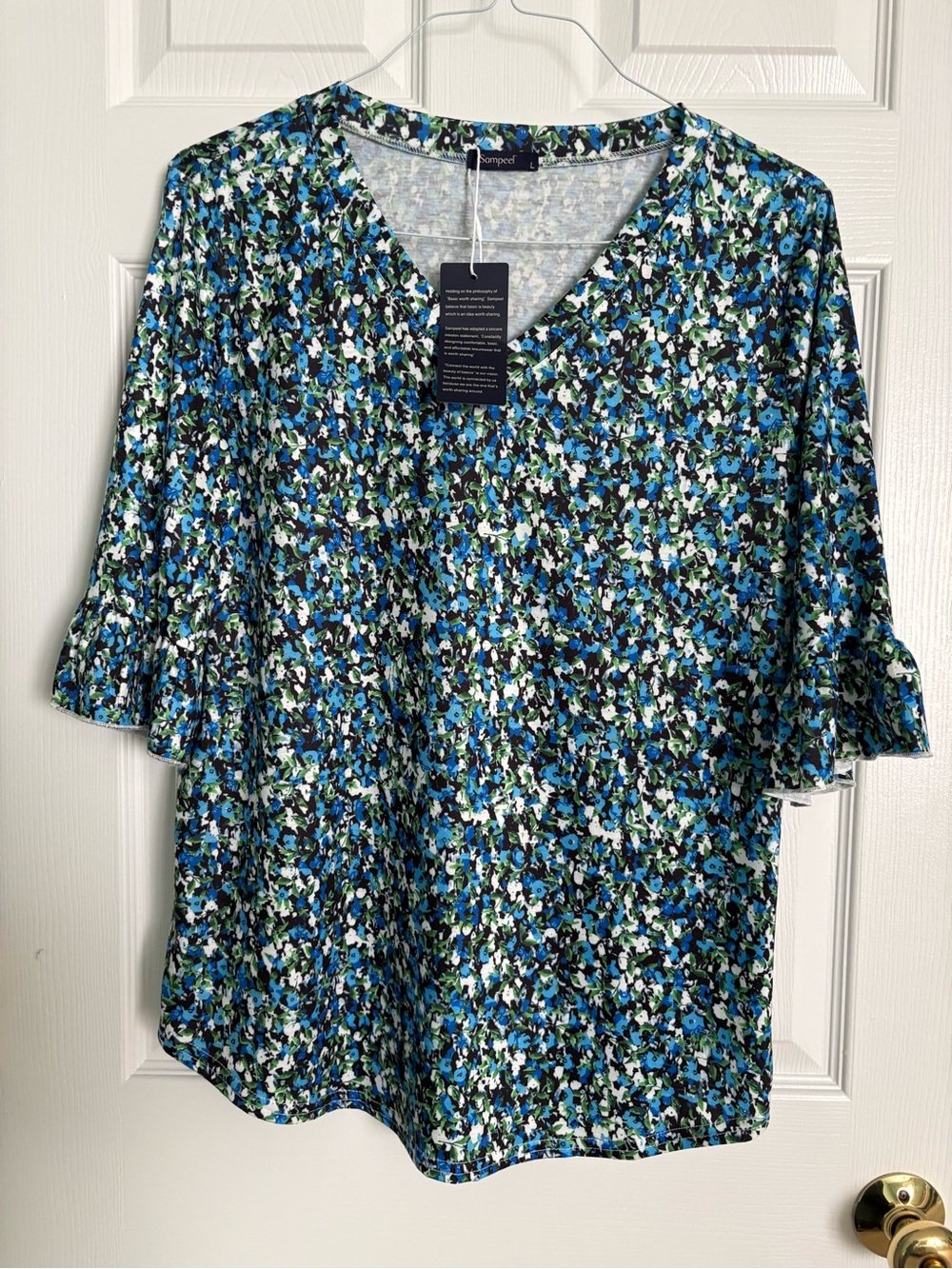 Kenar Blue Floral V-Neck Ruffle Sleeve tunic Top